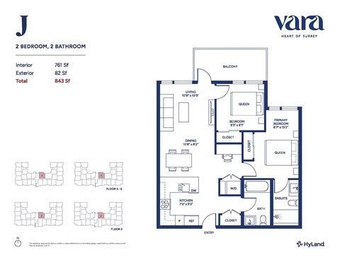 Floor plan for 2 beds, 2 baths, 761 sqft